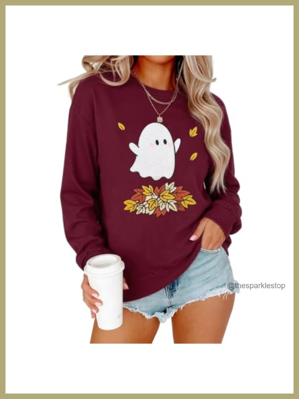 Womens Halloween Sweatshirt Cotton Blend Ghost Graphic Crew Neck Pullover